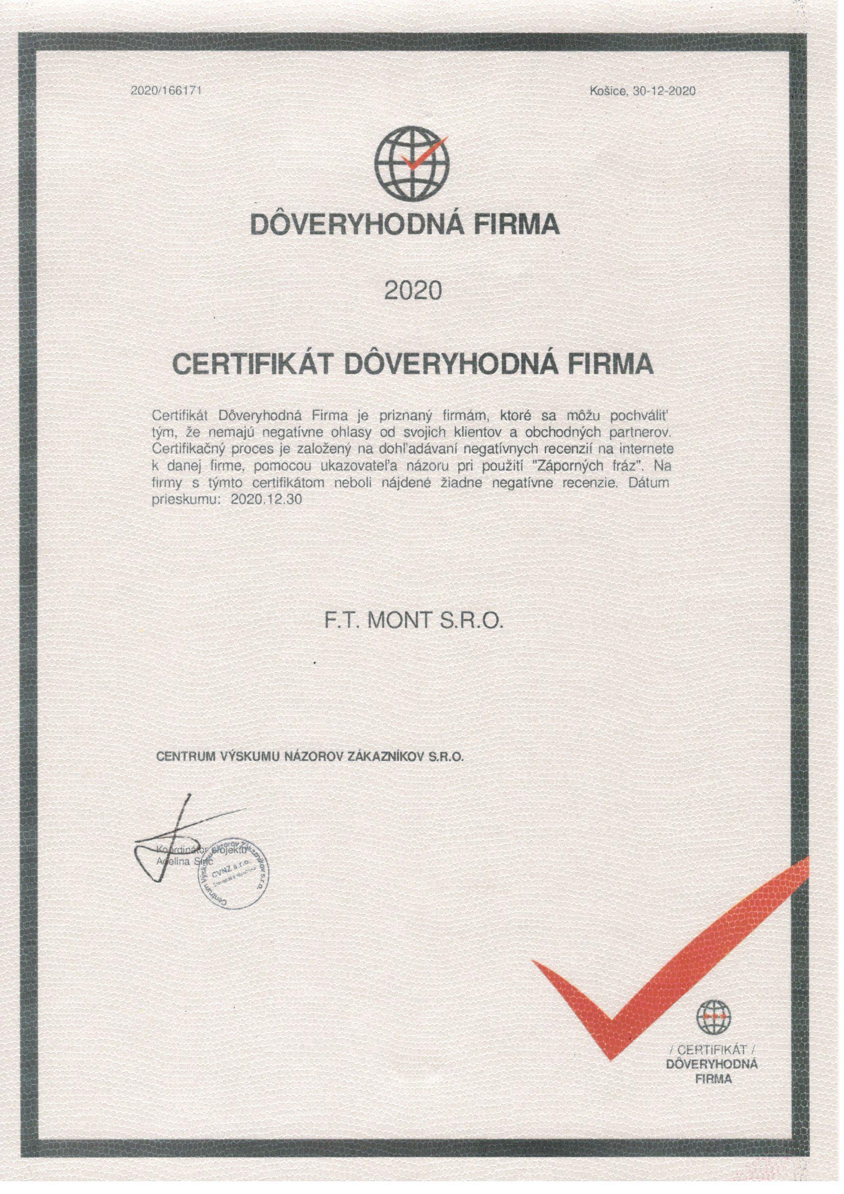 [Certifikát Dôveryhodná firma]